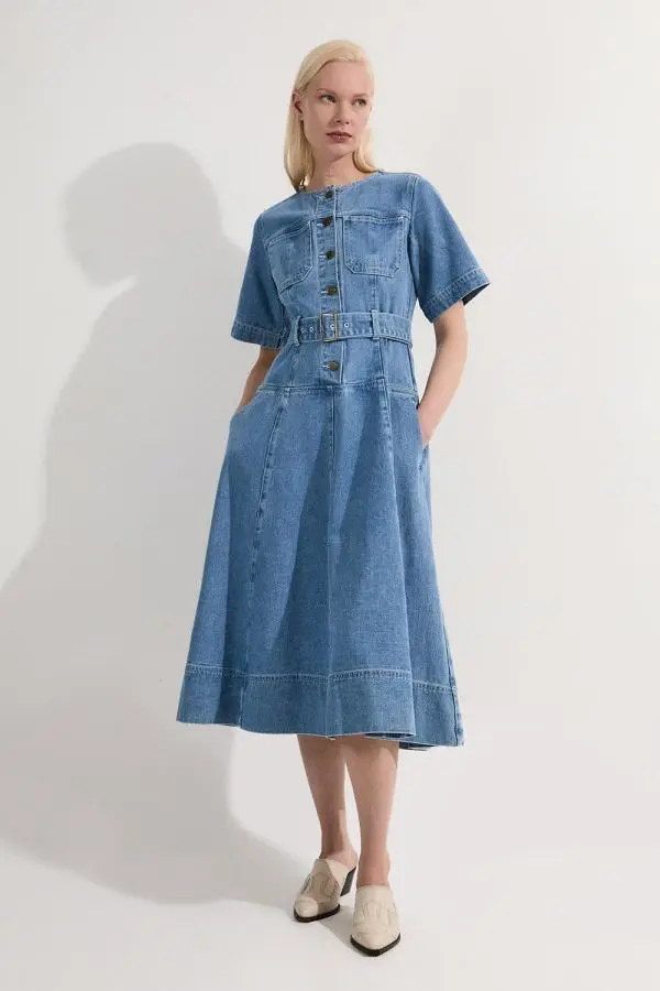 Petite Denim Soft Wash Short Sleeve Belted Midi Dress - Mid Blue
