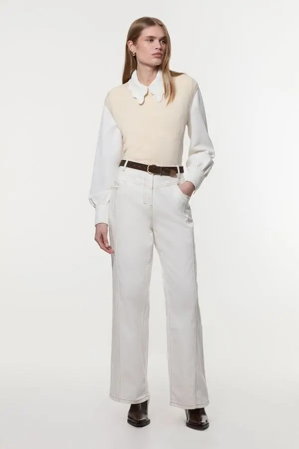 Denim Contrast Stitch Detail Straight Leg Jean - Ivory