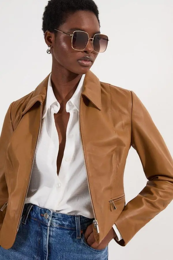Leather Collared Zip Through Tailored Jacket - Tan