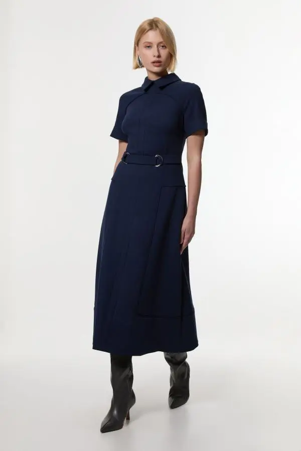 Compact Stretch Tab Detail Full Skirted Midi Dress - Navy