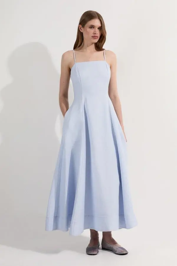 Linen Woven Maxi Prom Dress - Ice Blue