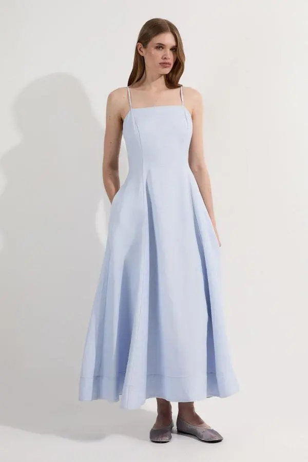Petite Linen Woven Maxi Prom Dress - Ice Blue
