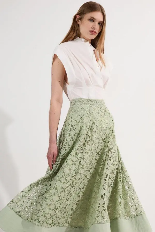 Cutwork Embroidery Woven Midi Prom Skirt - Sage