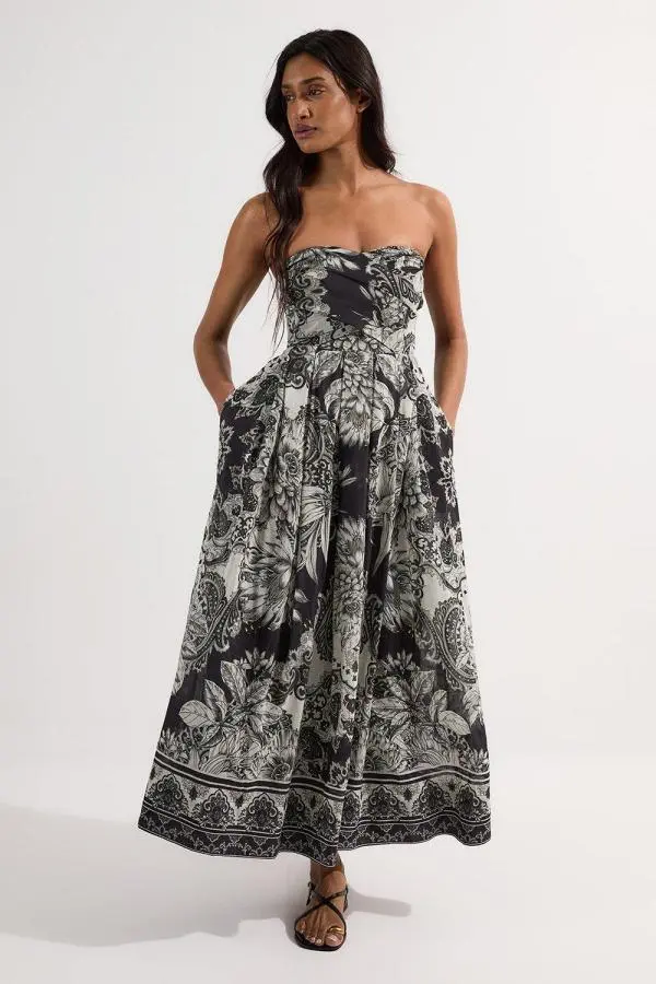 Petite Tile Silk Cotton Bustier Woven Prom Dress - Mono
