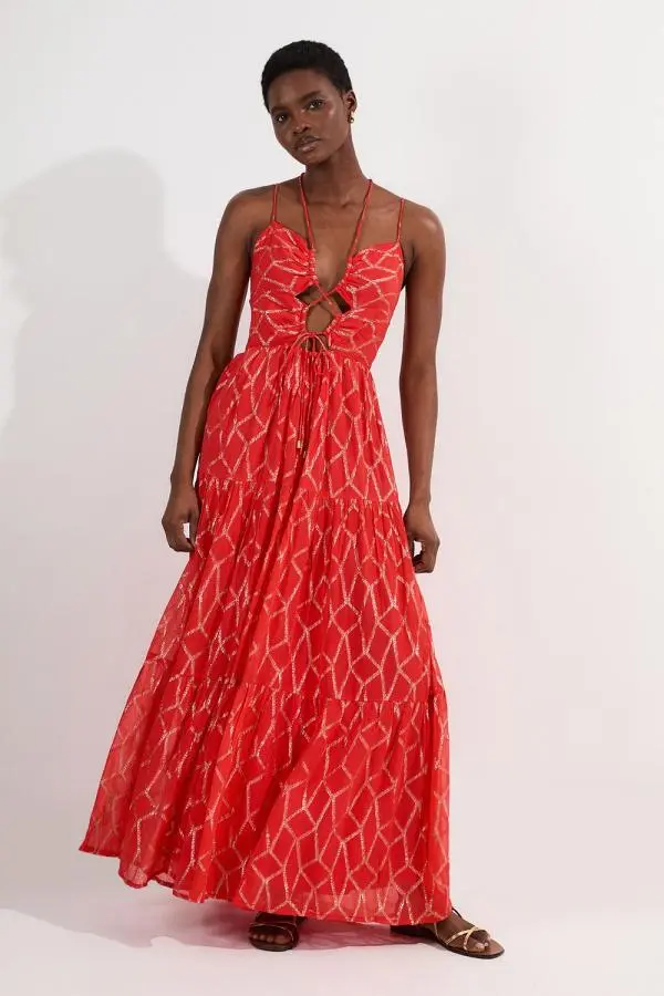 Viscose Sparkle Tie Detail Tiered Skirt Woven Maxi Dress - Orange