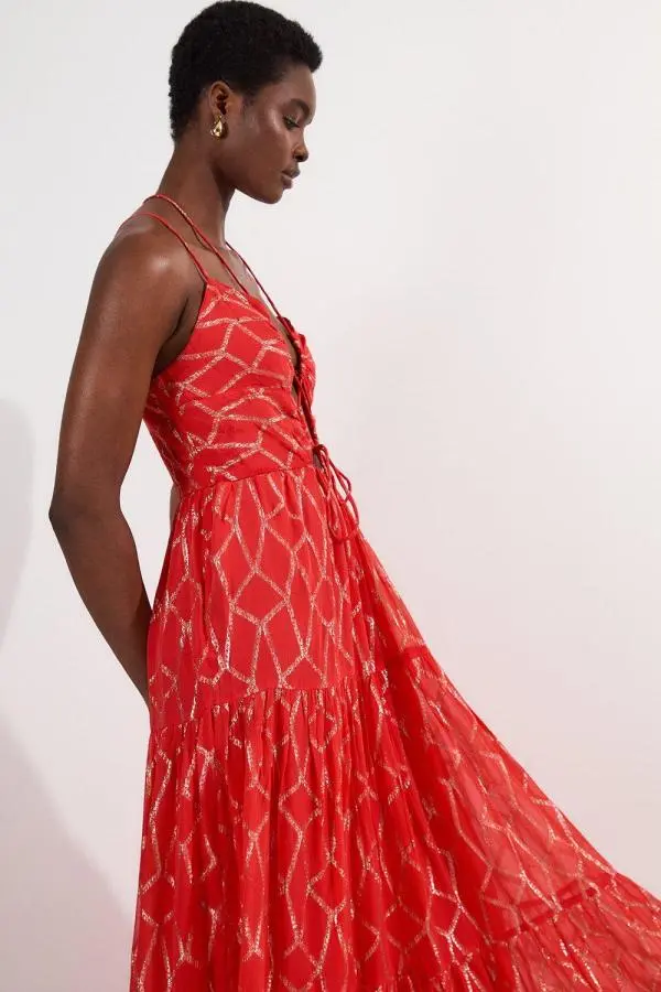 Viscose Sparkle Tie Detail Tiered Skirt Woven Maxi Dress - Orange