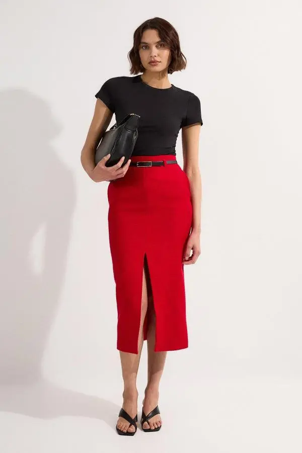 Textured Tweed Tailored Pencil Skirt - Red