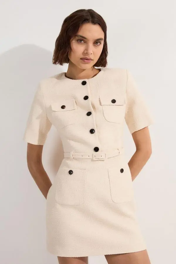 Textured Tweed Belted Tailored Mini Dress - Cream
