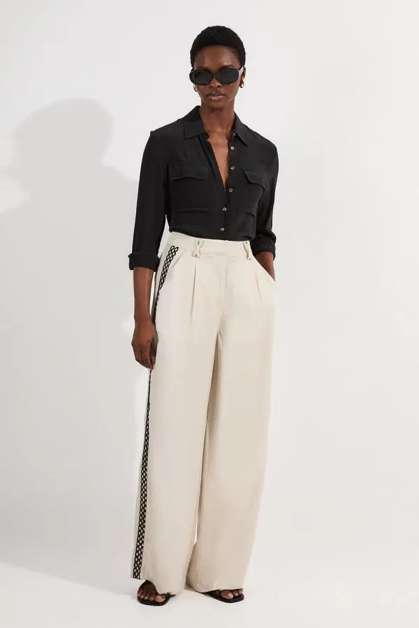 Viscose Linen Lace Trim Insert Woven Trouser - Brown