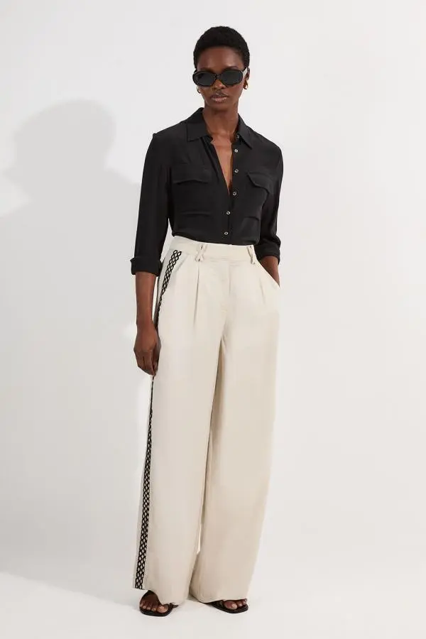 Viscose Linen Lace Trim Insert Woven Trouser - Brown