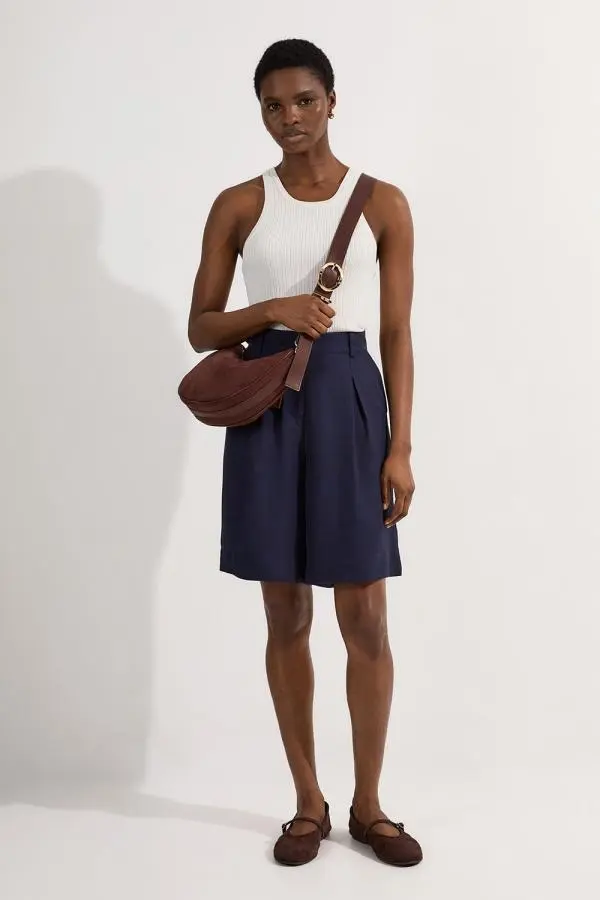 Premium Viscose Linen Belted Woven City Short - Navy