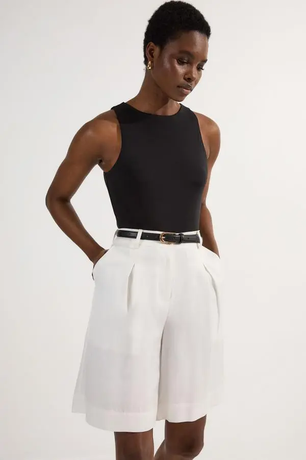 Premium Viscose Linen Belted Woven City Short - White