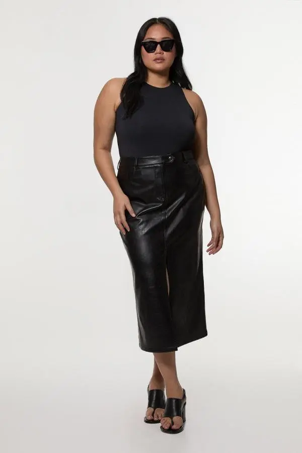 Plus Size Faux Leather Pencil Midi Skirt - Black
