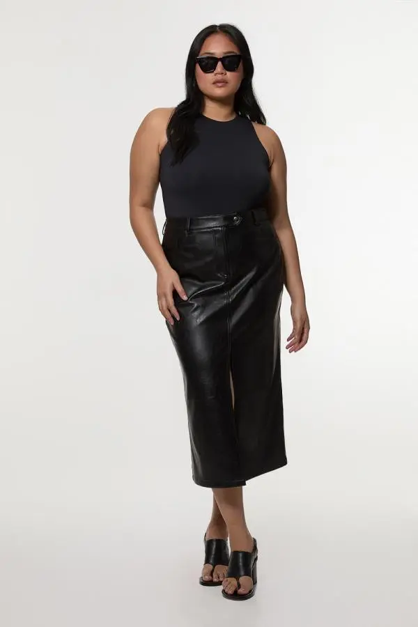 Plus Size Faux Leather Pencil Midi Skirt - Black
