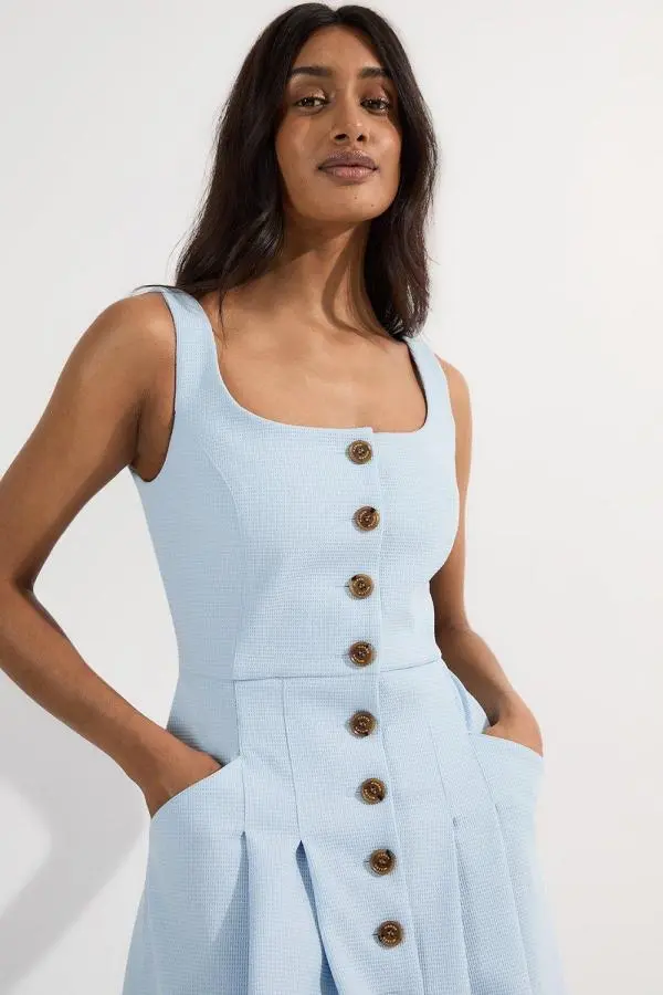 Tailored Textured Button Though Strappy Full Midi Dress - Pale Blue