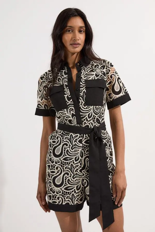 Mono Cutwork Pocket Front Woven Playsuit - Mono