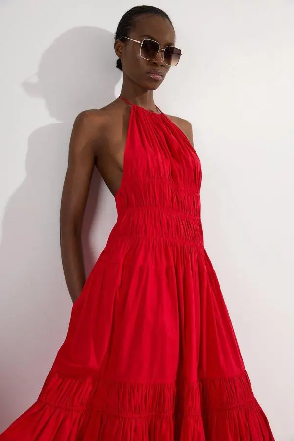 Shirred Cotton Tiered Halter Neck Woven Maxi Dress - Red