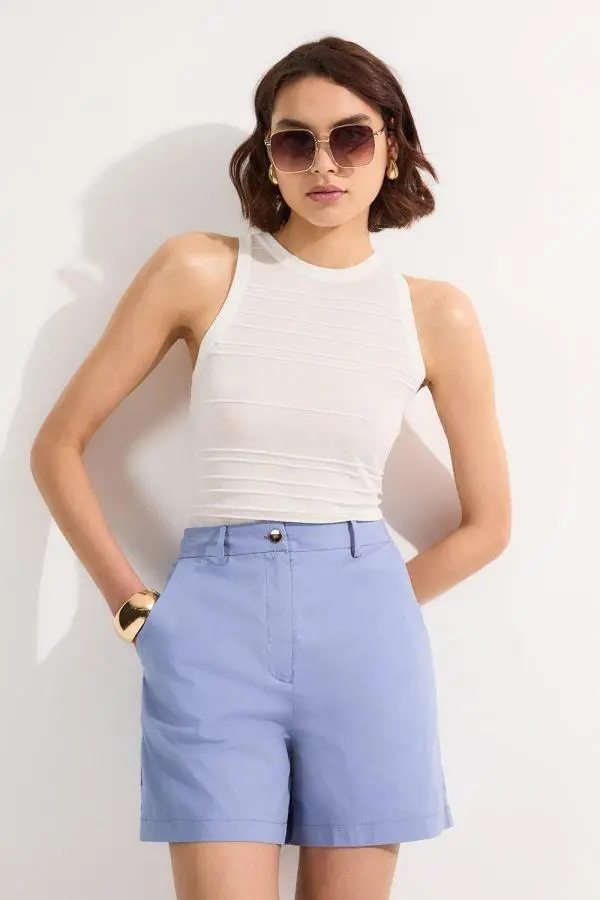 Cotton High Waisted Woven City Short - Blue