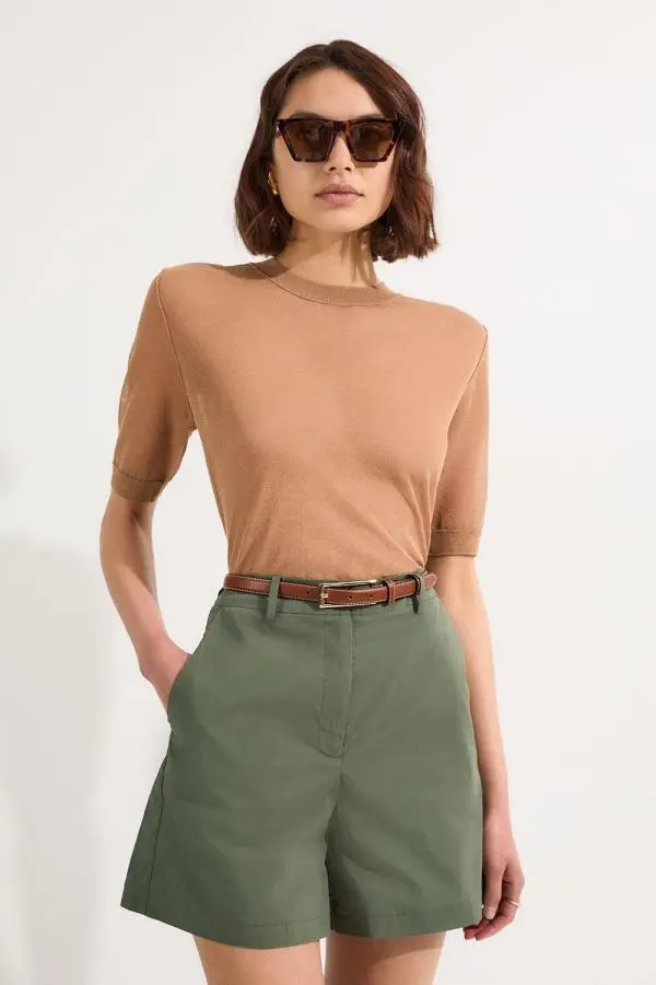 Cotton High Waisted Woven City Short - Grey