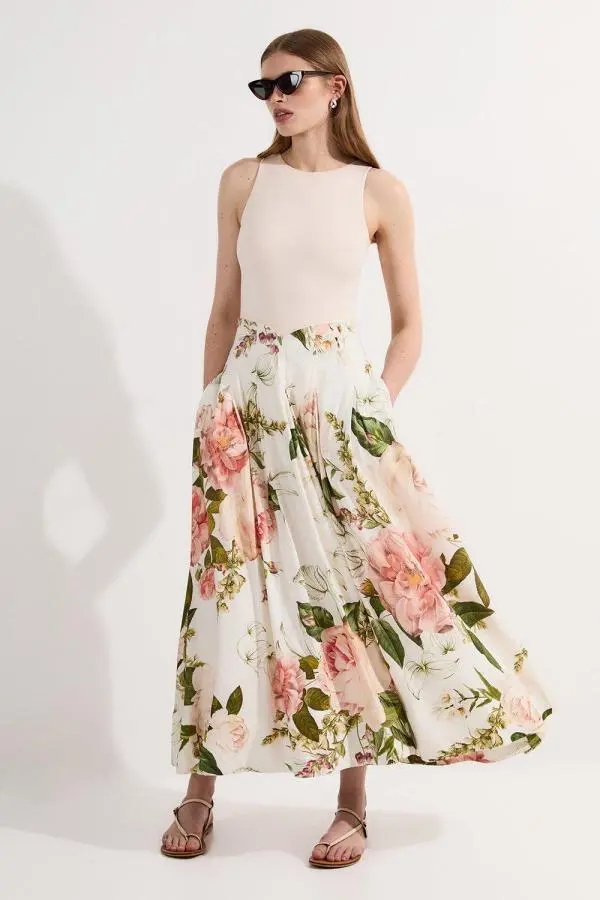 Floral Viscose Linen High Waisted Woven Maxi Skirt - White