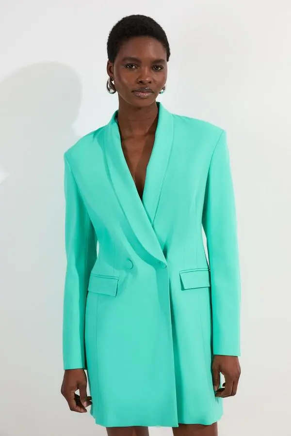 Polished Tailored Double Breasted cinch Detail Blazer Mini Dress - Aqua