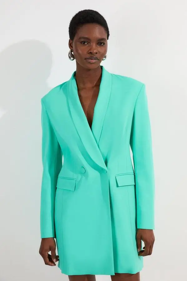 Polished Tailored Double Breasted Sinch Detail Blazer Mini Dress - Aqua