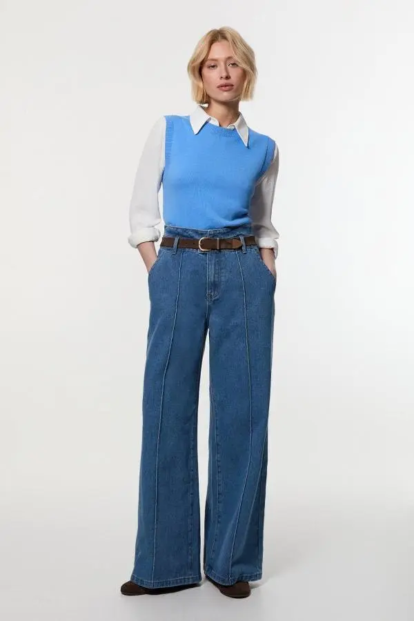 Petite Denim Waistband Detail Wide Leg Trousers - Mid Blue