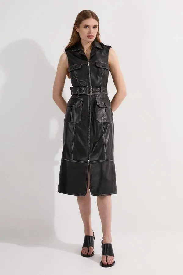 Petite Leather Contrast Stitch Belted Sleeveless Midi Dress - Black