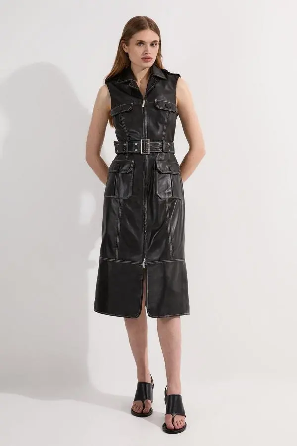 Petite Leather Contrast Stitch Belted Sleeveless Midi Dress - Black