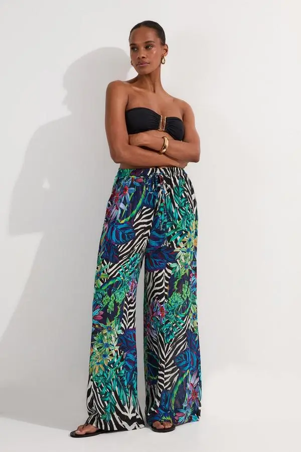 Tall Floral Animal Viscose Georgette Beach Trousers - Blue