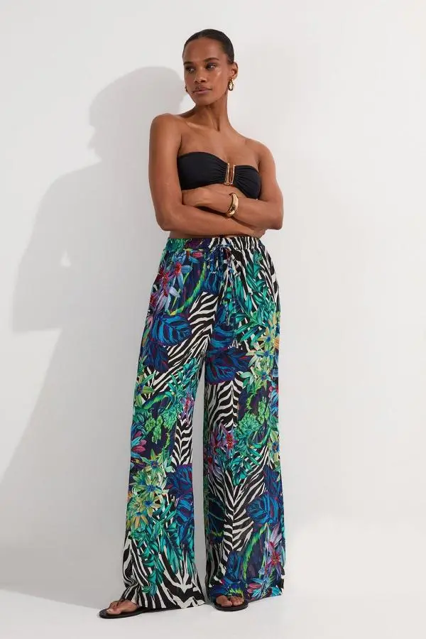 Tall Floral Animal Viscose Georgette Beach Trousers - Blue