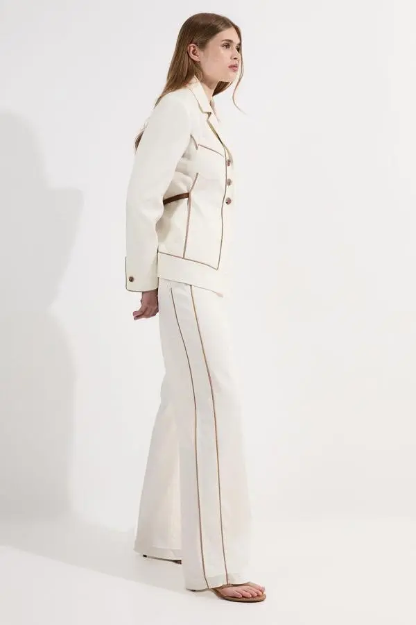 Archive Collection - Tailored Denim Belted Pocket Detail Wide Leg Trousers - Ivory