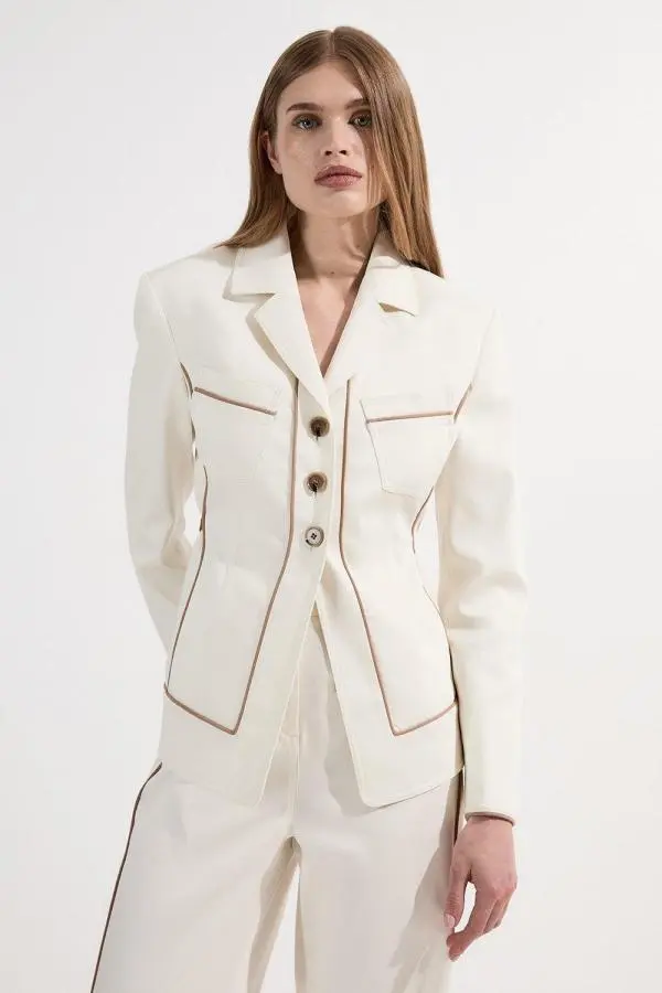 Archive Collection - Tailored Denim Belted Single Breasted Blazer - Ivory