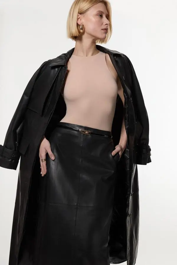 Petite Leather Clean Pencil Midi Skirt - Black