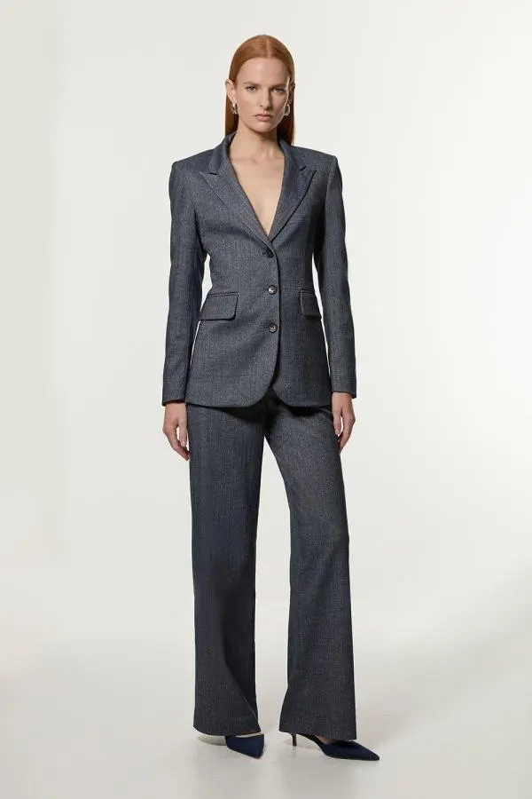Herringbone Tailored Wide Leg Trousers - Navy