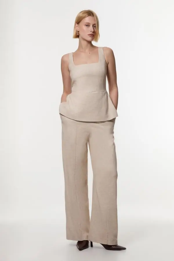 Herringbone Wide Leg Tailored Jumpsuit - Natural
