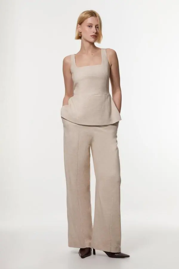 Herringbone Wide Leg Tailored Jumpsuit - Natural