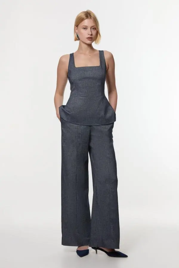 Herringbone Wide Leg Tailored Jumpsuit - Navy