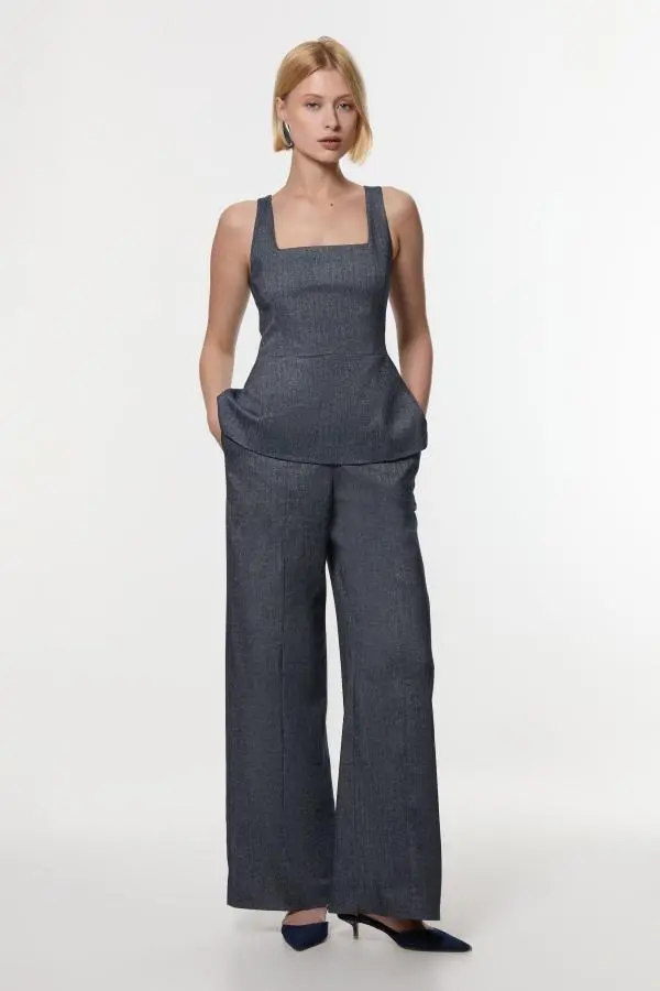 Herringbone Wide Leg Tailored Jumpsuit - Navy
