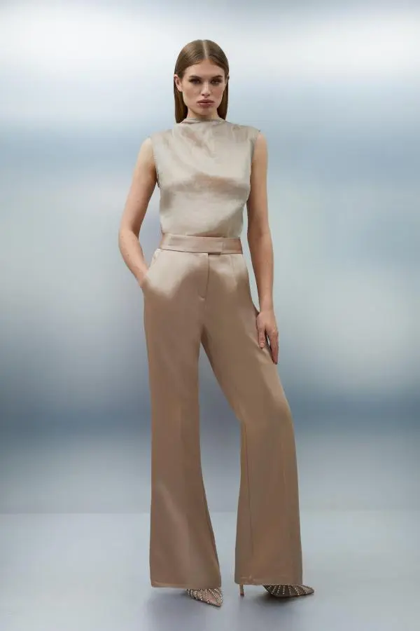 Structured Viscose Satin Stitch Detail Tailored Kickflare Trouser - Champagne