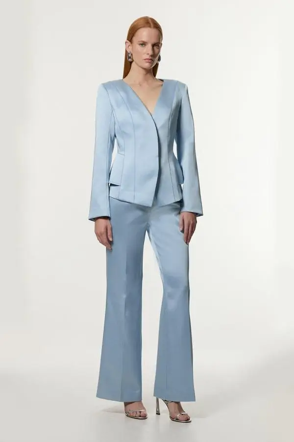 Structured Viscose Satin Stitch Detail Tailored Kickflare Trouser - Pale Blue