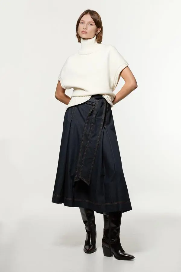 Tailored Denim Full Skirted Belted Midaxi Skirt - Indigo