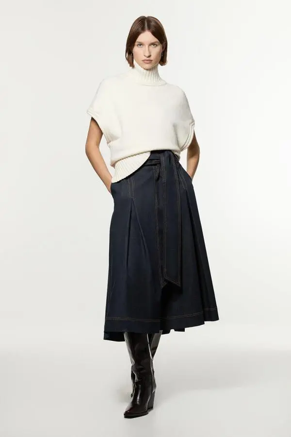 Petite Tailored Full Skirted Belted Midaxi Skirt - Indigo