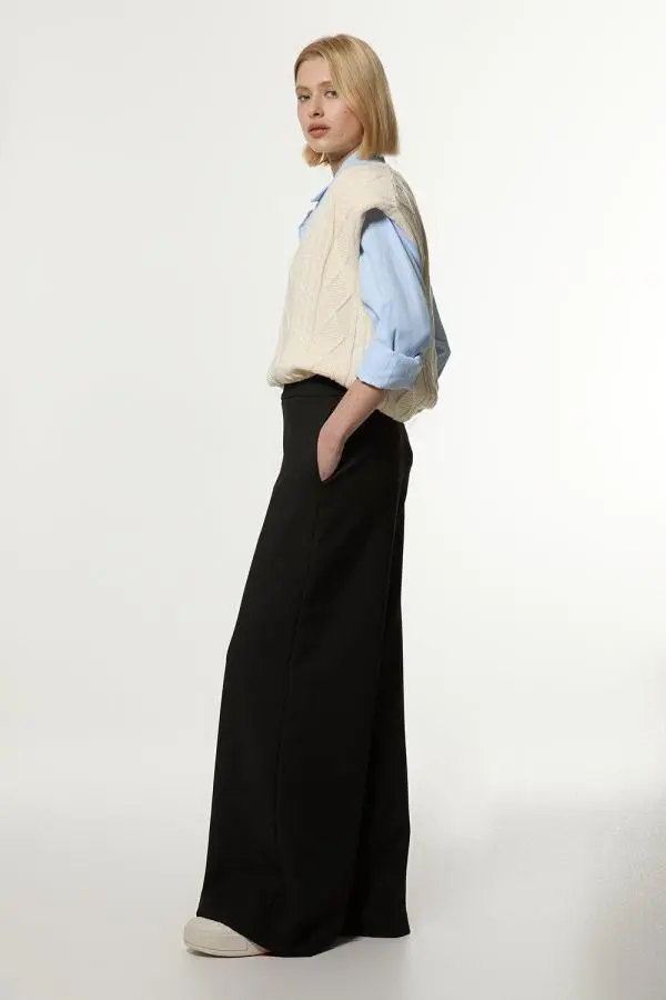 Compact Stretch Tailored Wide Leg Trousers - Black