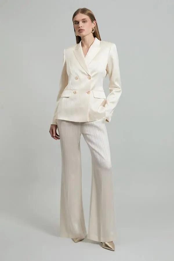 Premium Satin Pinstripe Tailored Straight Leg Trouser - Ivory