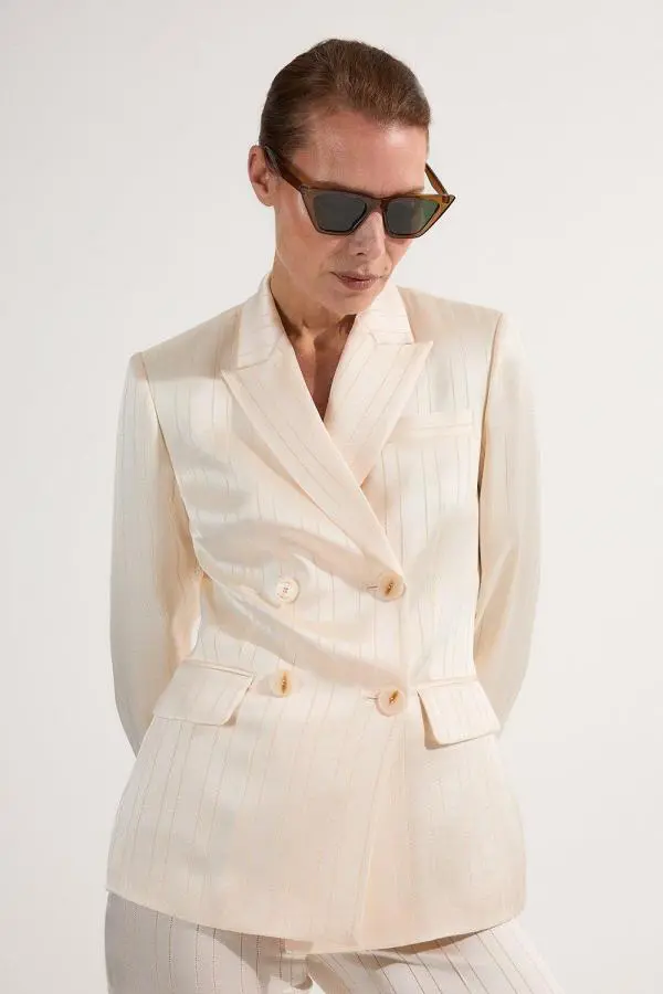 Petite Premium Satin Pinstripe Tuxedo Oversized Tailored Blazer - Ivory