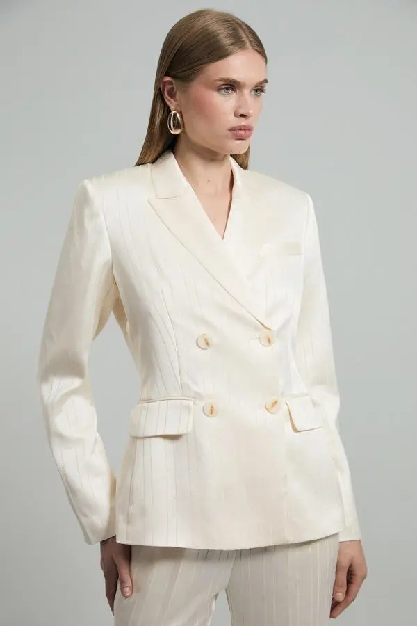 Premium Satin Pinstripe Tuxedo Oversized Tailored Blazer - Ivory
