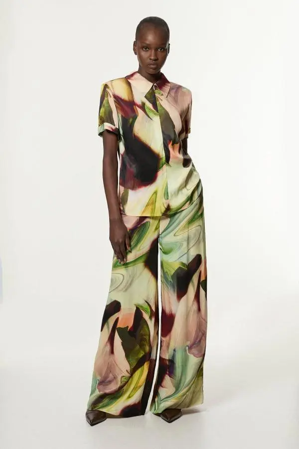 Printed Satin Woven Wide Leg Trouser