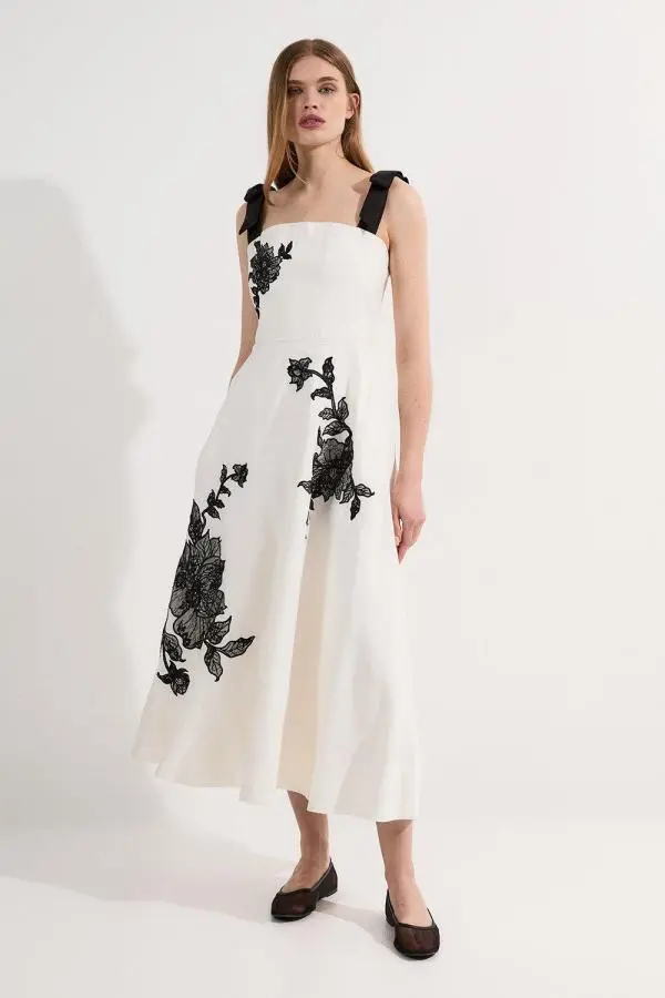 Viscose Linen Placed Floral Lace Embroidered Strappy Midi Dress - Ivory