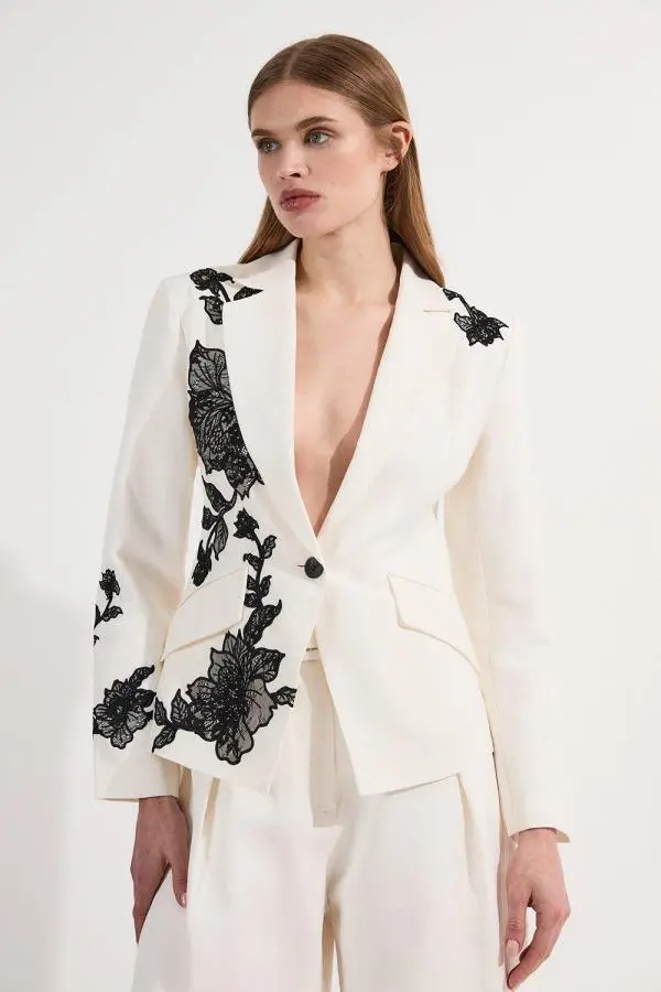 Viscose Linen Placed Floral Lace Embroideried Tailored Jacket - Ivory